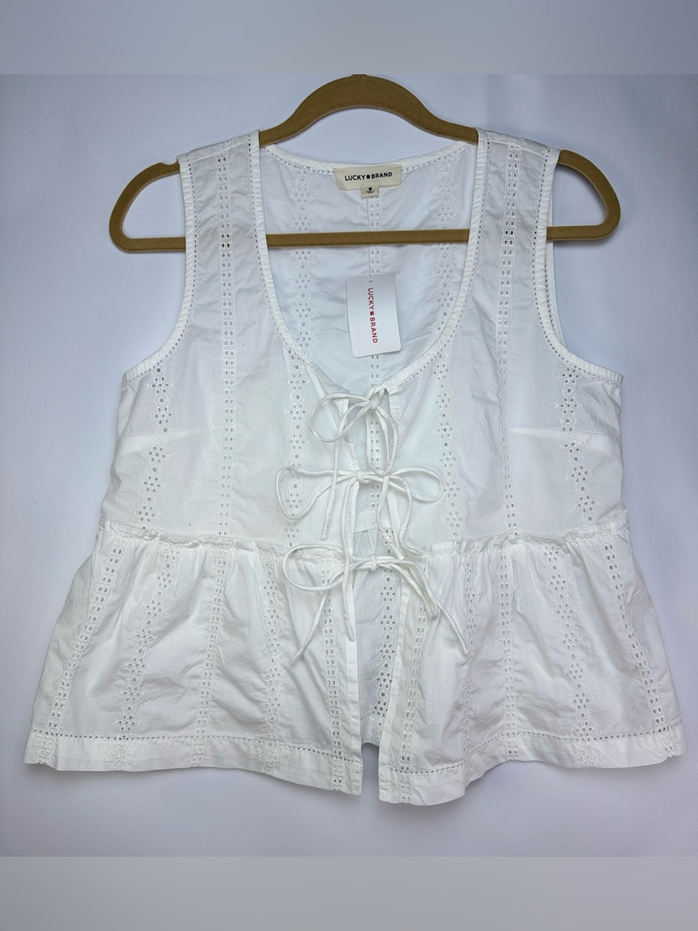 Lucky Brand White Eyelet Embroidered Tie Front Babydoll Tank Top M NWT